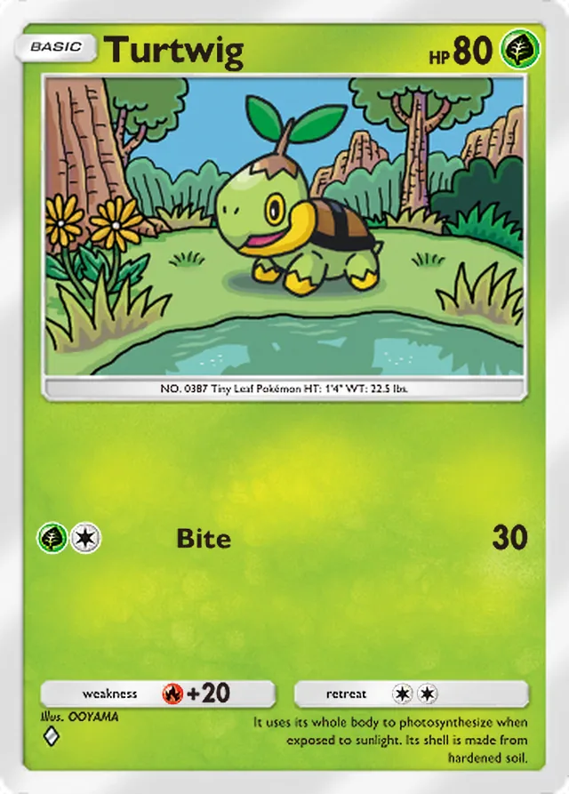 Turtwig, Space-Time Smackdown #010, Basic Grass Pokémon, illustrated by OOYAMA