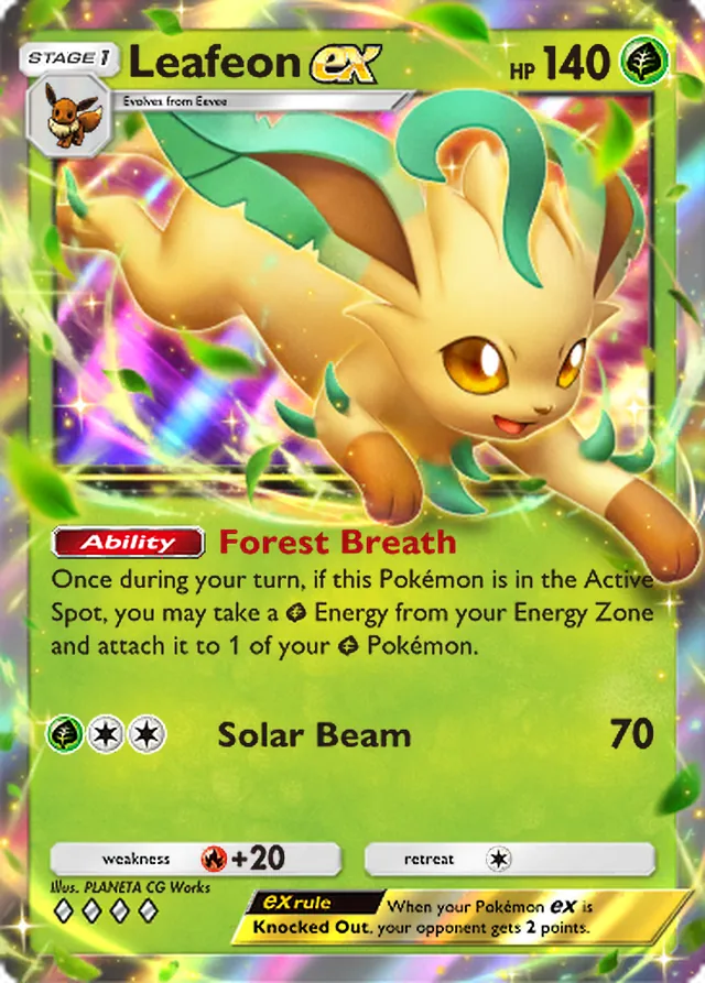 Leafeon ex, Triumphant Light #010, Stage 1 Grass Pokémon, illustrated by PLANETA CG Works