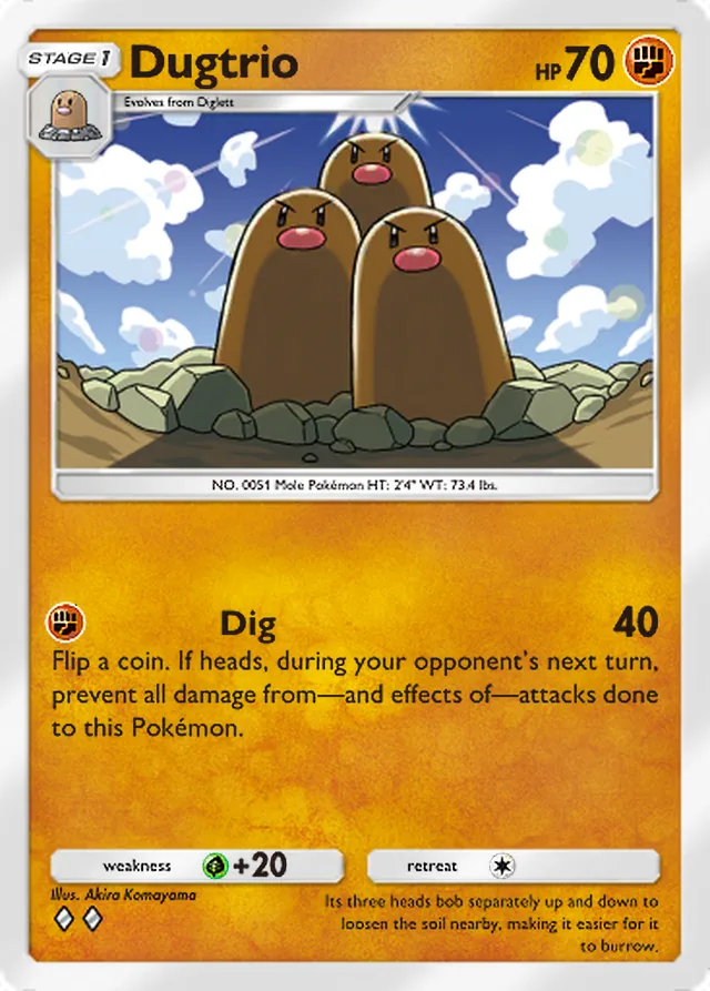 Dugtrio, Genetic Apex #140, Stage 1 Fighting Pokémon, illustrated by Akira Komayama
