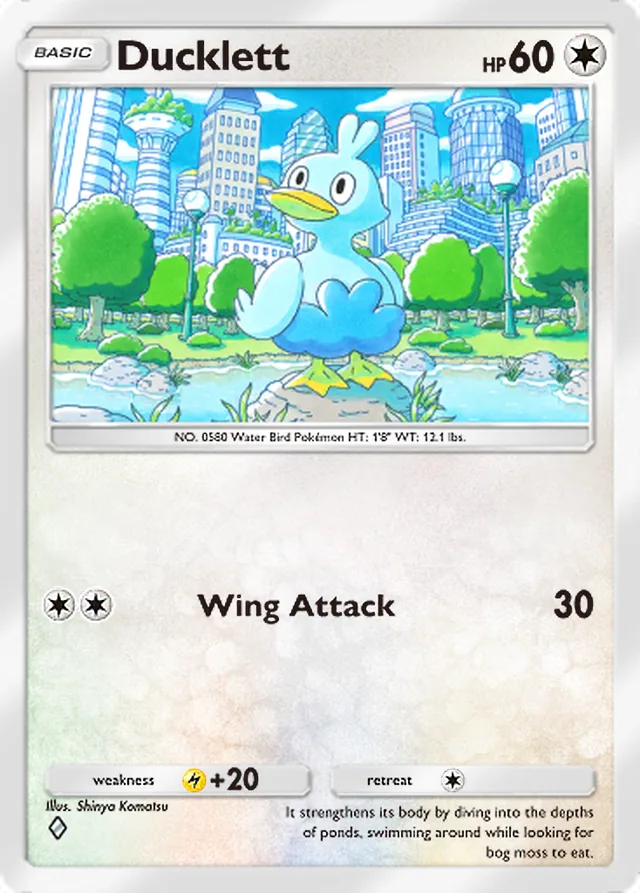 Ducklett, Ruler of the Skies #140, Basic Colorless Pokémon, illustrated by Shinya Komatsu