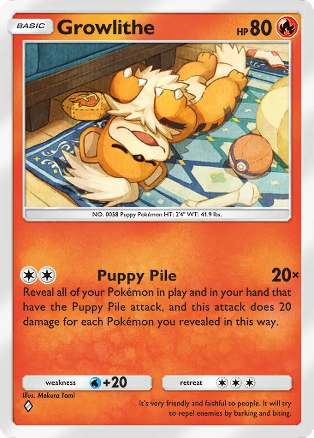 Growlithe, Everyday Wonders #010, Basic Fire Pokémon, illustrated by Makura Tami