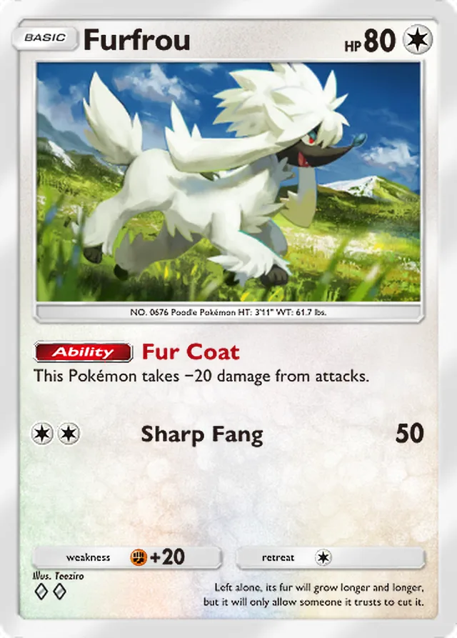 Furfrou, Mega Rising #206, Basic Colorless Pokémon, illustrated by Teeziro
