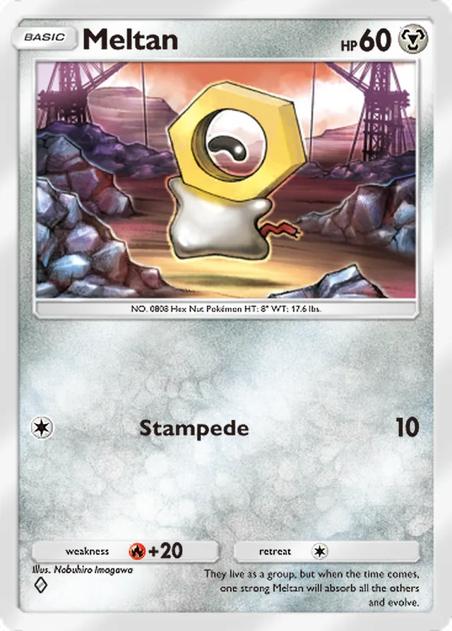 Meltan, Pulsing Aura #122, Basic Metal Pokémon, illustrated by Nobuhiro Imagawa