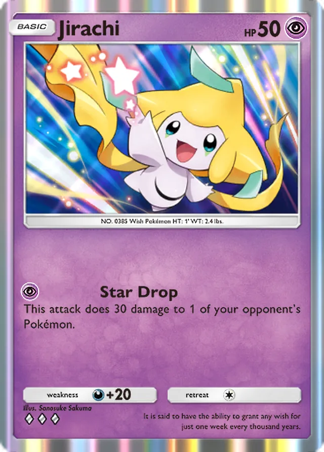 Jirachi, Mega Rising #106, Basic Psychic Pokémon, illustrated by Sanosuke Sakuma