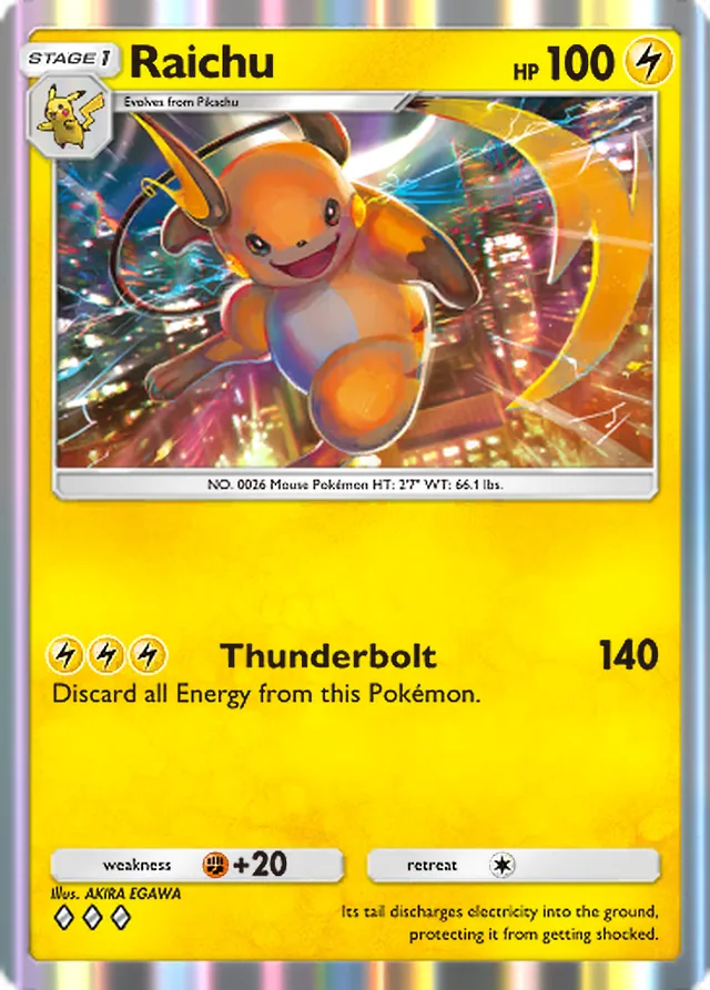 Raichu, Genetic Apex #095, Stage 1 Lightning Pokémon, illustrated by AKIRA EGAWA