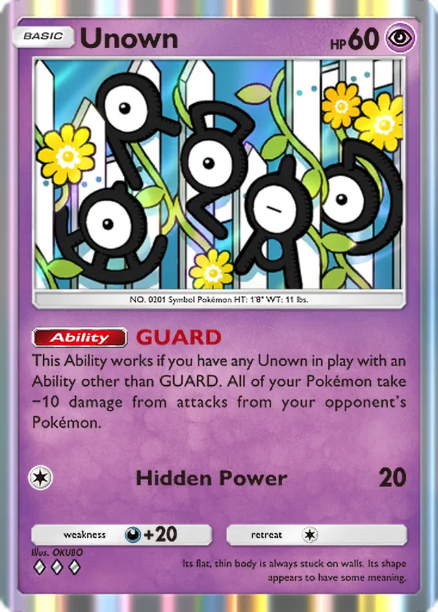 Unown, Wisdom of Sea and Sky #084, Basic Psychic Pokémon, illustrated by OKUBO