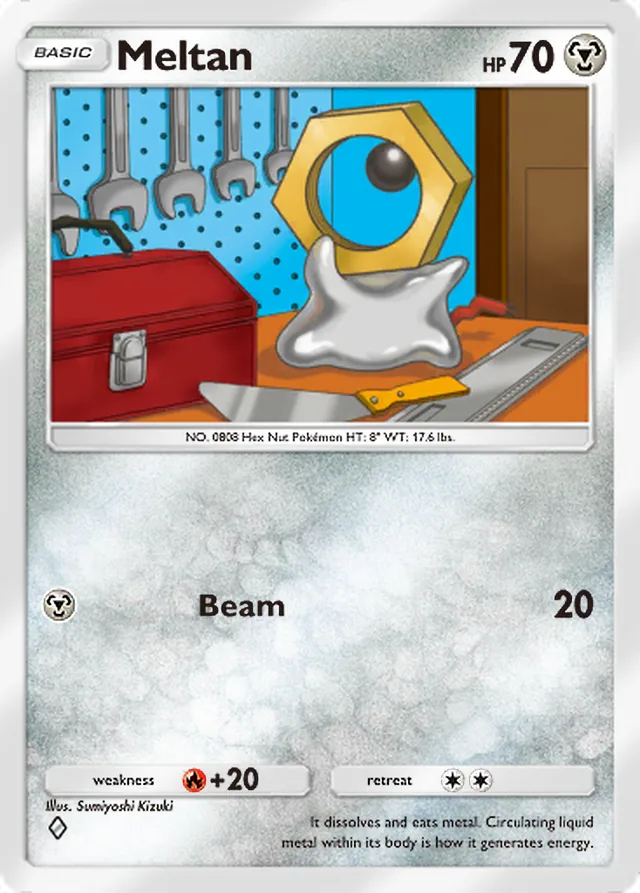 Meltan, Mega Rising #173, Basic Metal Pokémon, illustrated by Sumiyoshi Kizuki