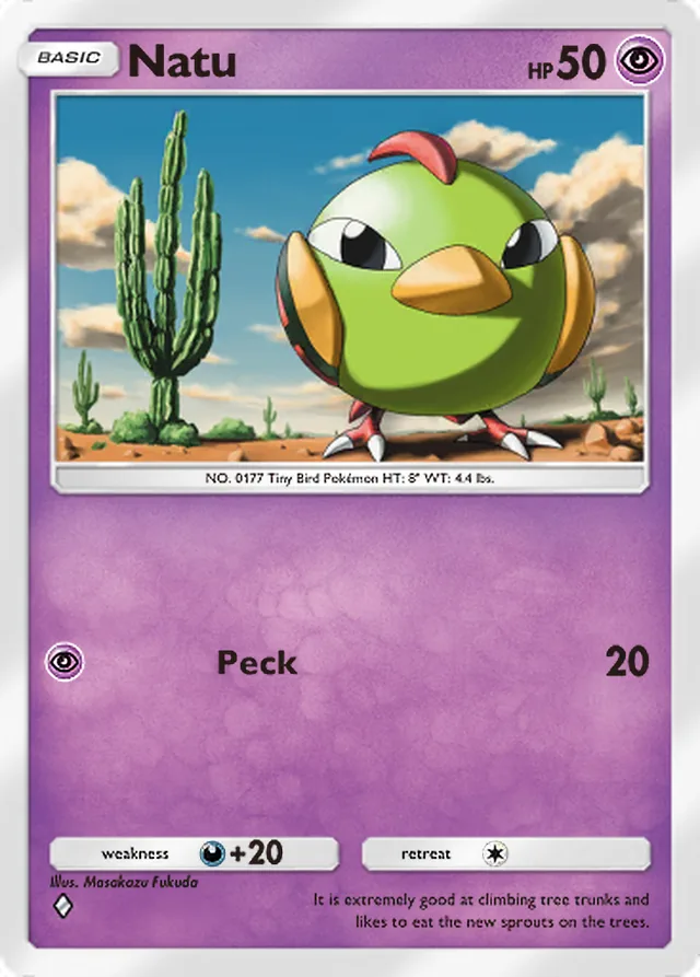 Natu, Wisdom of Sea and Sky #081, Basic Psychic Pokémon, illustrated by Masakazu Fukuda