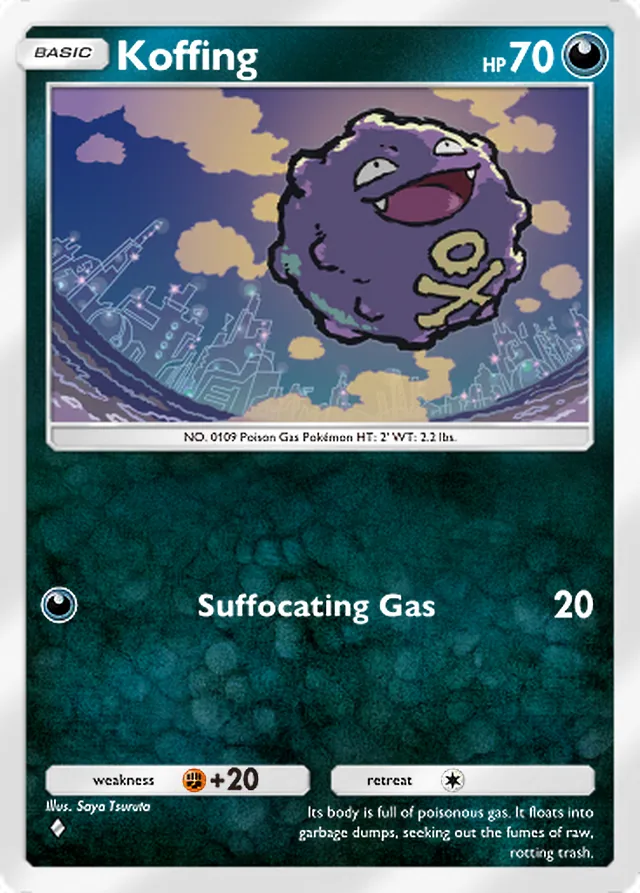 Koffing, Genetic Apex #176, Basic Darkness Pokémon, illustrated by Saya Tsuruta