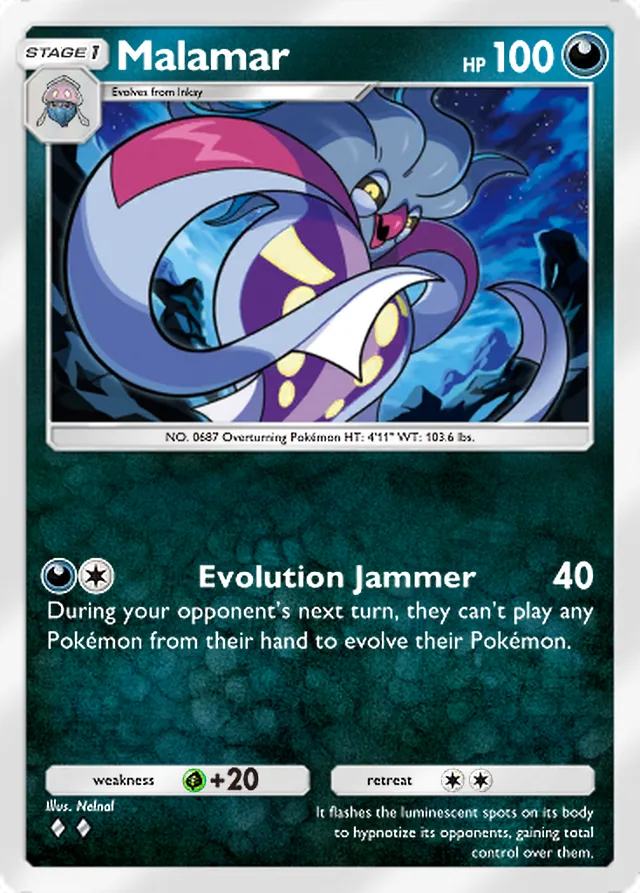 Malamar, Pulsing Aura #112, Stage 1 Darkness Pokémon, illustrated by Nelnal