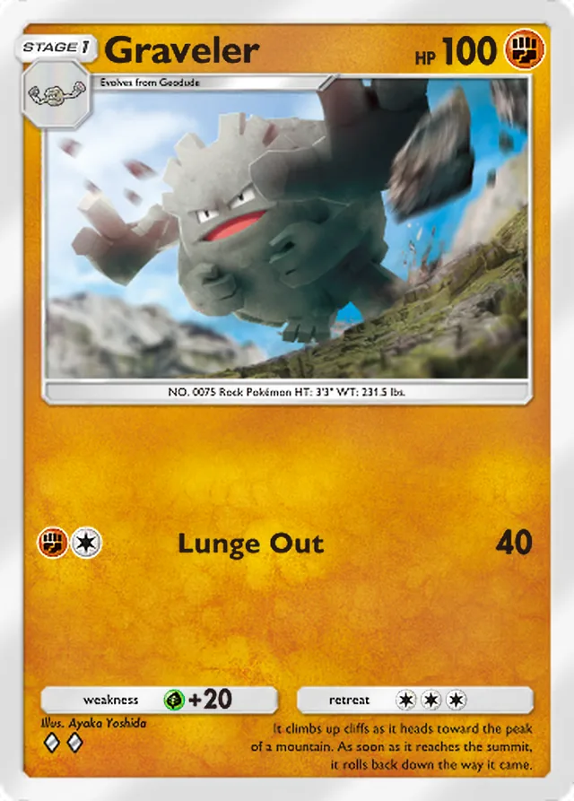 Graveler, Mythical Island #044, Stage 1 Fighting Pokémon, illustrated by Ayaka Yoshida
