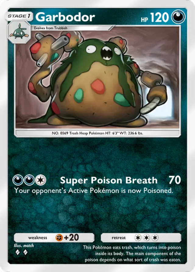 Garbodor, Celestial Guardians #114, Stage 1 Darkness Pokémon, illustrated by match
