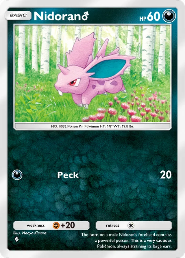 Nidoran♂, Genetic Apex #169, Basic Darkness Pokémon, illustrated by Naoyo Kimura