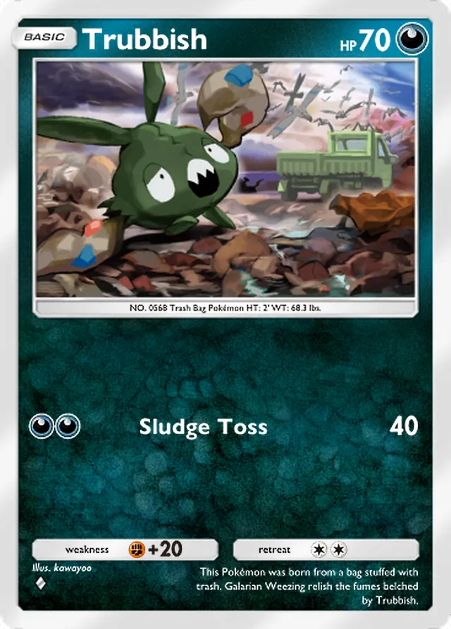 Trubbish, Mega Shine #041, Basic Darkness Pokémon, illustrated by kawayoo