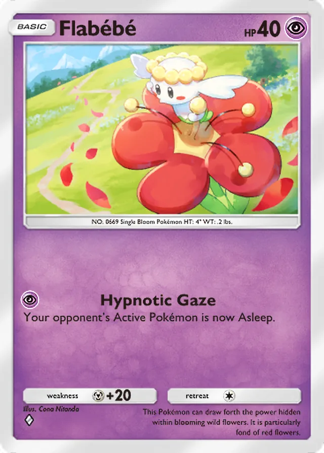 Flabébé, Mythical Island #036, Basic Psychic Pokémon, illustrated by Cona Nitanda