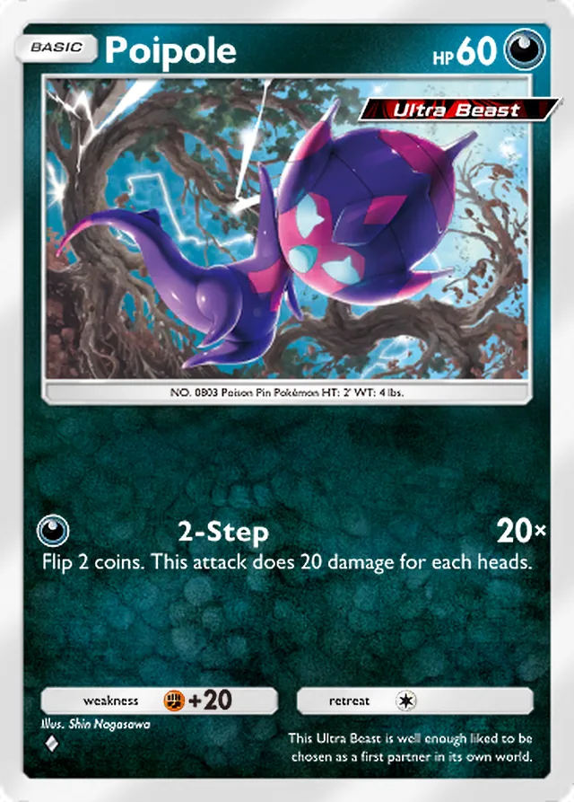 Poipole, Extradimensional Crisis #044, Basic Darkness Pokémon, illustrated by Shin Nagasawa