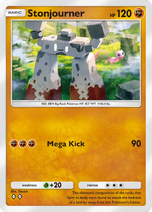 Stonjourner, Mythical Island #048, Basic Fighting Pokémon, illustrated by Teeziro