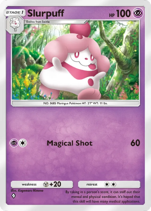 Slurpuff, Mythical Island #040, Stage 1 Psychic Pokémon, illustrated by Kagemaru Himeno