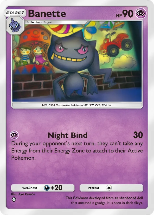 Banette, Celestial Guardians #075, Stage 1 Psychic Pokémon, illustrated by Aya Kusube