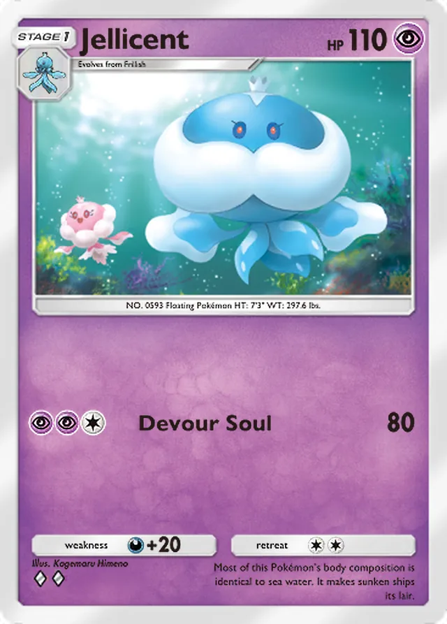 Jellicent, Secluded Springs #039, Stage 1 Psychic Pokémon, illustrated by Kagemaru Himeno