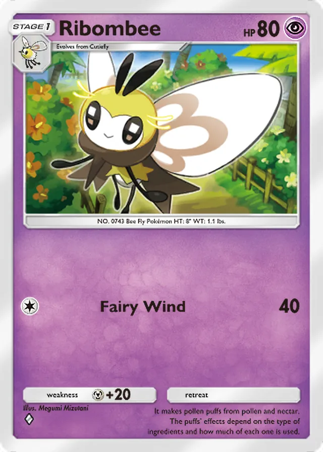 Ribombee, Celestial Guardians #079, Stage 1 Psychic Pokémon, illustrated by Megumi Mizutani