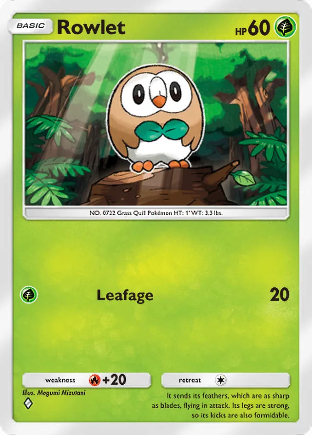 Rowlet, Celestial Guardians #009, Basic Grass Pokémon, illustrated by Megumi Mizutani