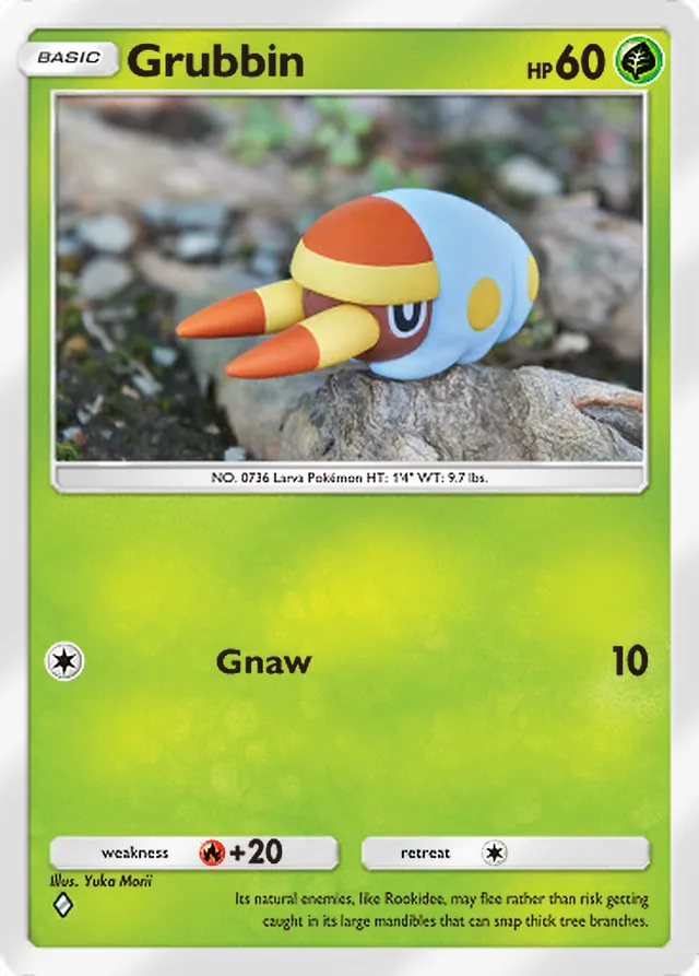 Grubbin, Celestial Guardians #013, Basic Grass Pokémon, illustrated by Yuka Morii