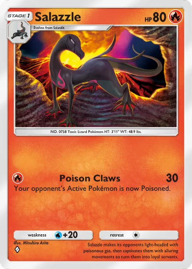 Salazzle, Mythical Island #016, Stage 1 Fire Pokémon, illustrated by Mitsuhiro Arita