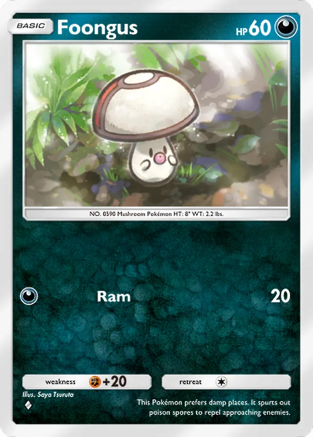 Foongus, Pulsing Aura #107, Basic Darkness Pokémon, illustrated by Saya Tsuruta