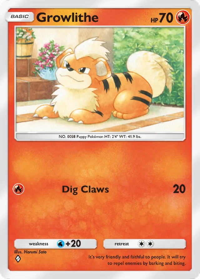 Growlithe, Mega Rising #028, Basic Fire Pokémon, illustrated by Narumi Sato