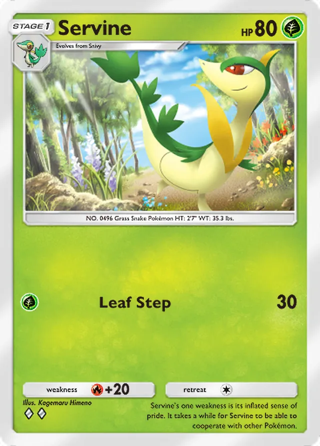 Servine, Team Rocket’s Ambition #004, Stage 1 Grass Pokémon, illustrated by Kagemaru Himeno