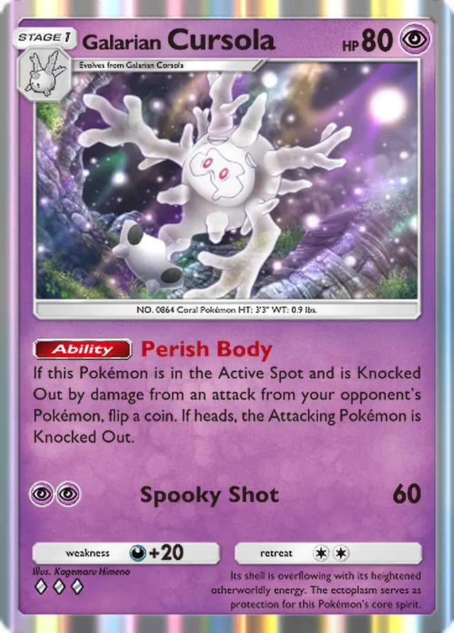 Galarian Cursola, Secluded Springs #035, Stage 1 Psychic Pokémon, illustrated by Kagemaru Himeno