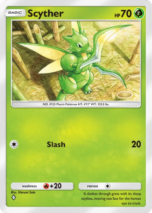 Scyther, Wisdom of Sea and Sky #006, Basic Grass Pokémon, illustrated by Narumi Sato