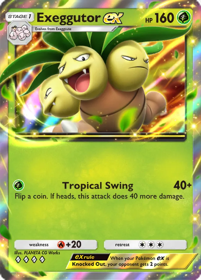 Exeggutor ex, Genetic Apex #023, Stage 1 Grass Pokémon, illustrated by PLANETA CG Works