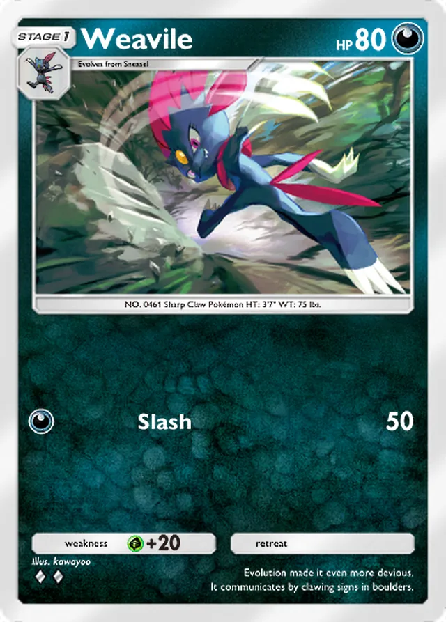 Weavile, Wisdom of Sea and Sky #116, Stage 1 Darkness Pokémon, illustrated by kawayoo