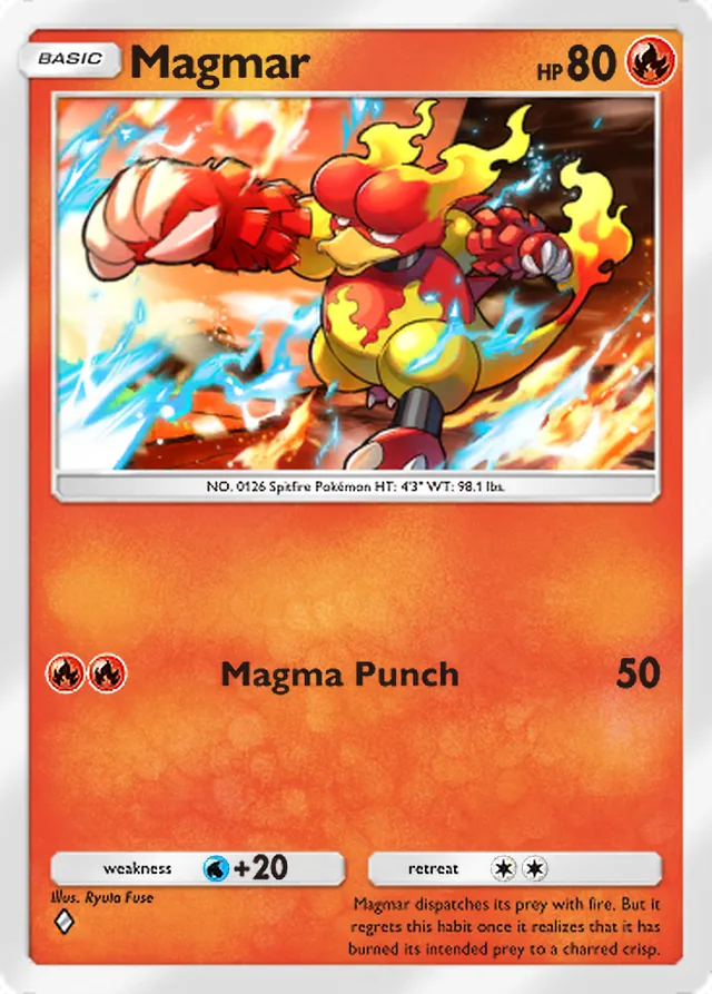 Magmar, Genetic Apex #044, Basic Fire Pokémon, illustrated by Ryuta Fuse