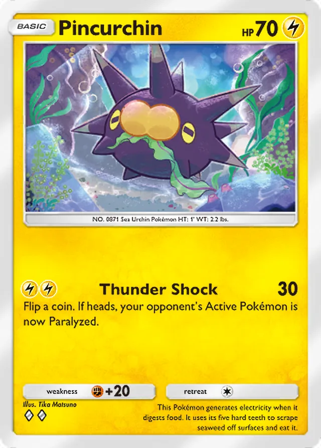 Pincurchin, Genetic Apex #112, Basic Lightning Pokémon, illustrated by Tika Matsuno
