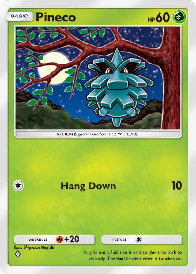 Pineco, Mega Shine #002, Basic Grass Pokémon, illustrated by Shigenori Negishi