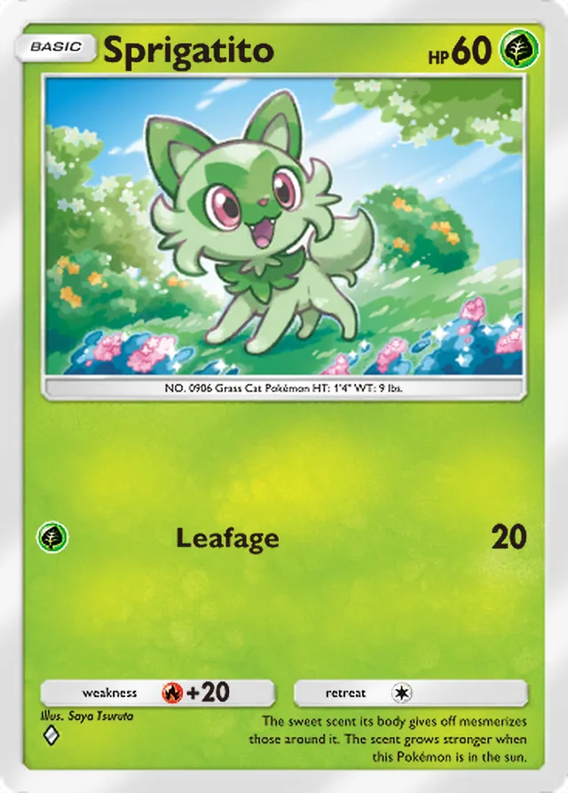 Sprigatito, Paldean Wonders #001, Basic Grass Pokémon, illustrated by Saya Tsuruta