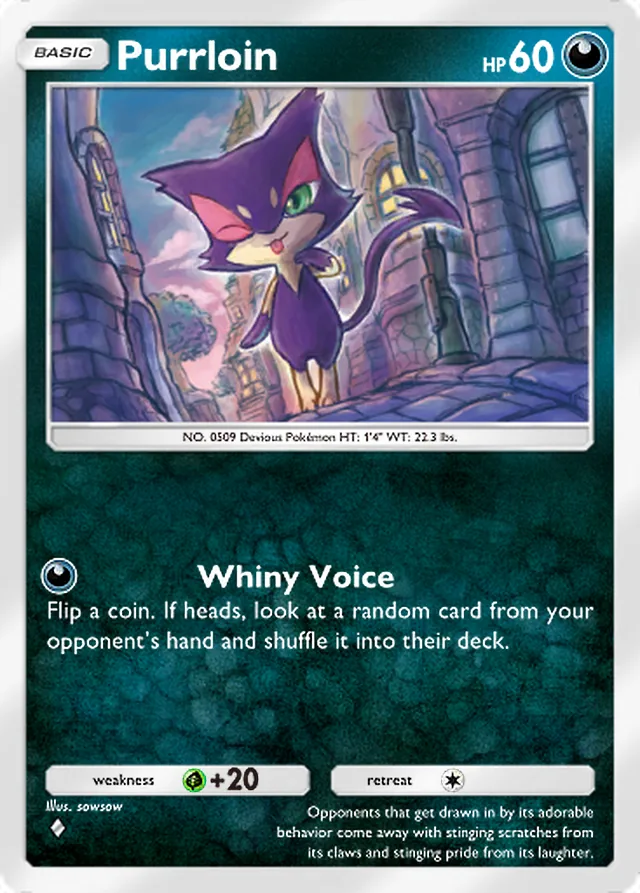 Purrloin, Fantastical Parade #104, Basic Darkness Pokémon, illustrated by sowsow