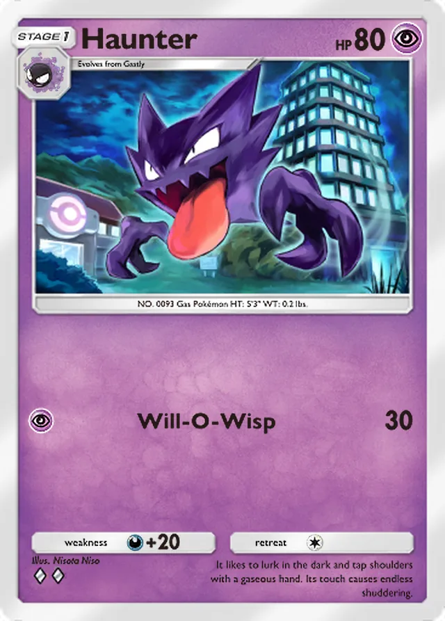 Haunter, Genetic Apex #121, Stage 1 Psychic Pokémon, illustrated by Nisota Niso