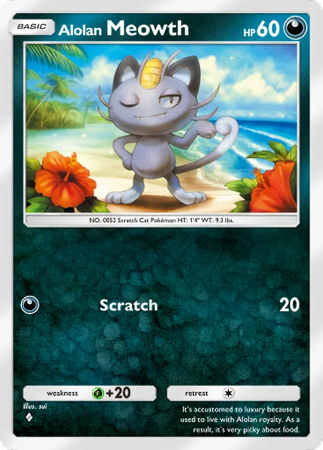Alolan Meowth, Celestial Guardians #108, Basic Darkness Pokémon, illustrated by sui