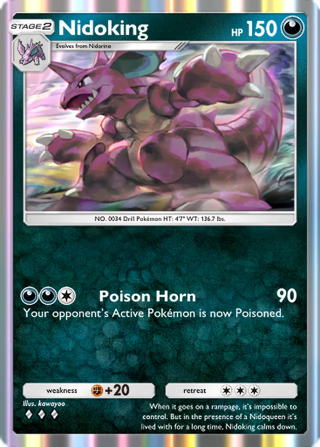 Nidoking, Genetic Apex #171, Stage 2 Darkness Pokémon, illustrated by kawayoo