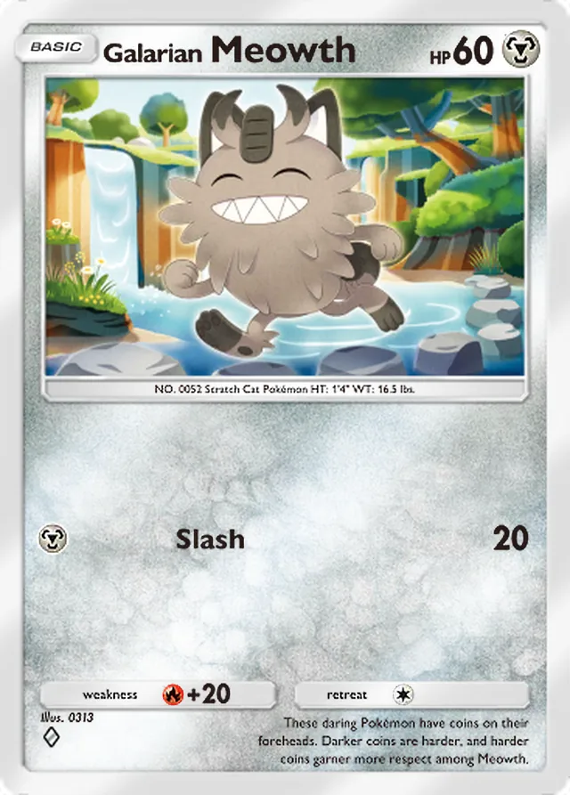 Galarian Meowth, Fantastical Parade #110, Basic Metal Pokémon, illustrated by 0313