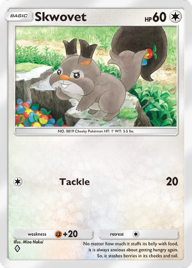 Skwovet, Everyday Wonders #062, Basic Colorless Pokémon, illustrated by Mina Nakai