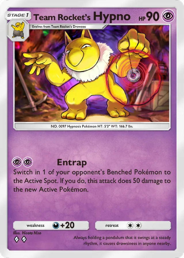 Team Rocket’s Hypno, Team Rocket’s Ambition #028, Stage 1 Psychic Pokémon, illustrated by Nisota Niso