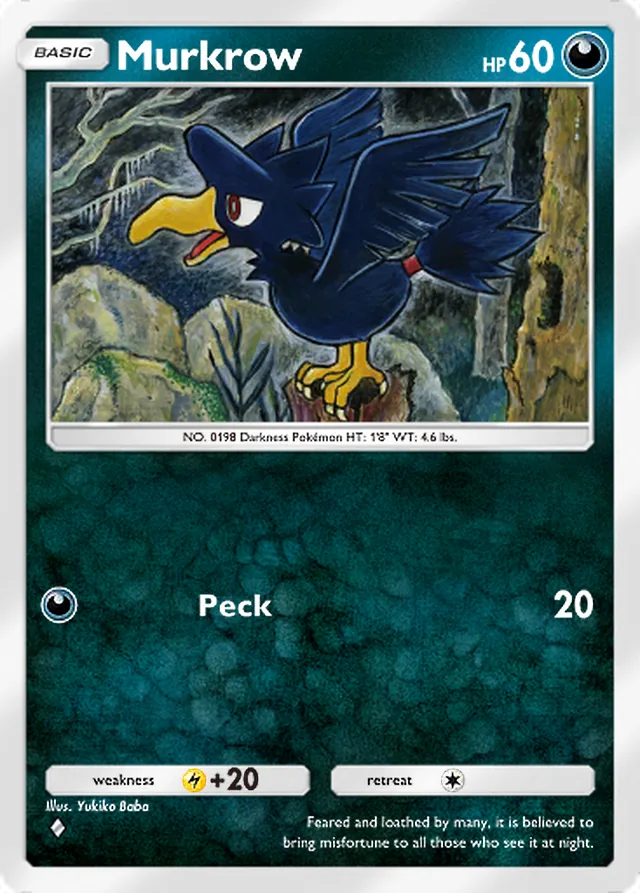 Murkrow, Space-Time Smackdown #096, Basic Darkness Pokémon, illustrated by Yukiko Baba