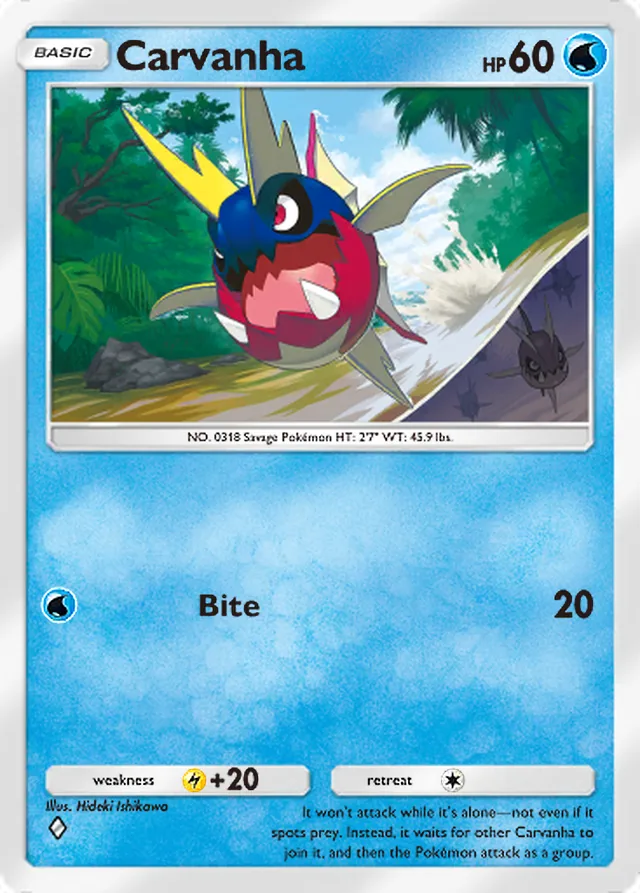 Carvanha, Extradimensional Crisis #011, Basic Water Pokémon, illustrated by Hideki Ishikawa