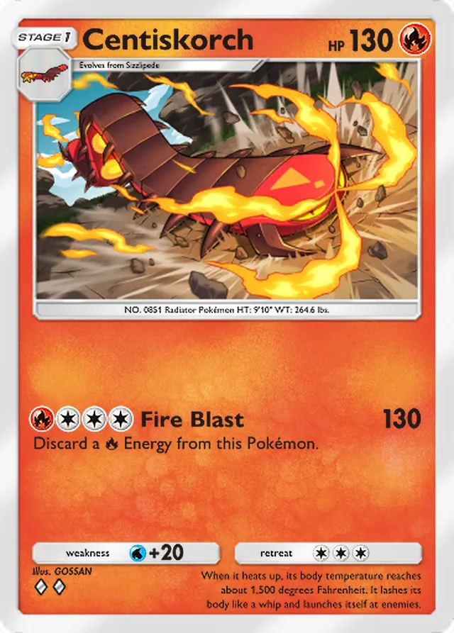 Centiskorch, Genetic Apex #052, Stage 1 Fire Pokémon, illustrated by GOSSAN