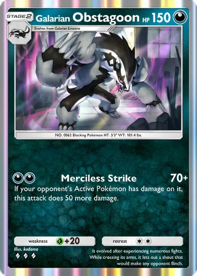 Galarian Obstagoon, Fantastical Parade #100, Stage 2 Darkness Pokémon, illustrated by kodama